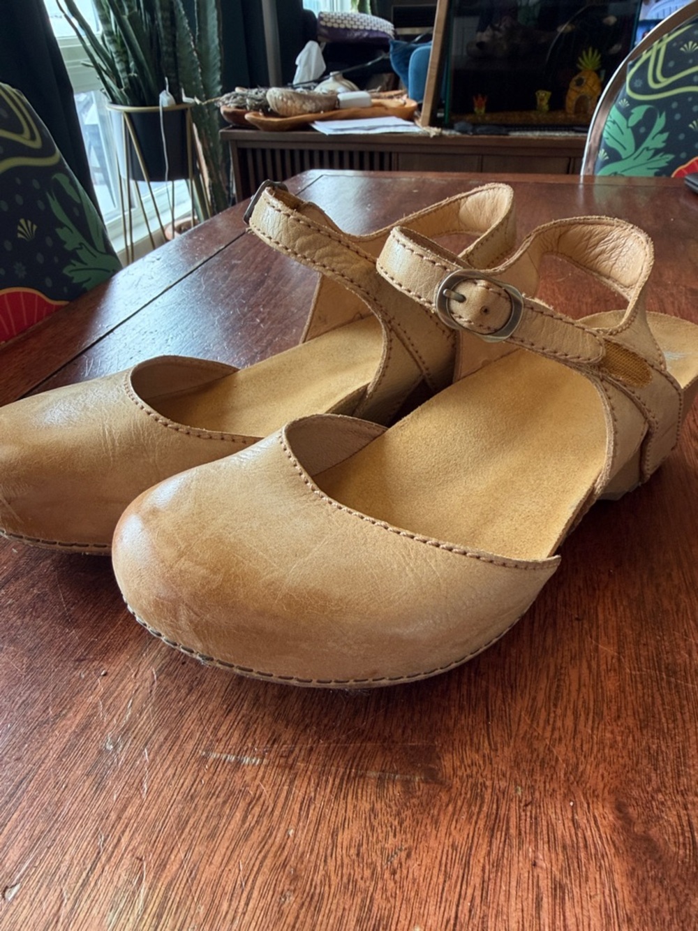 Dansko Tan Leather Mary Jane Clogs with Ankle Strap